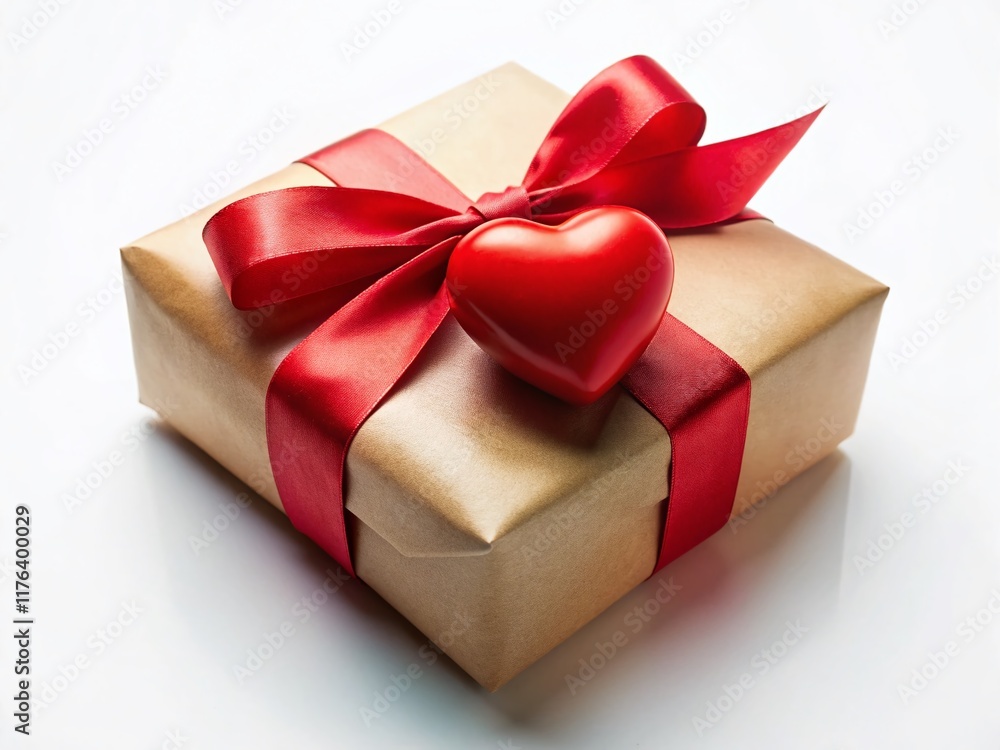 Fototapeta premium Valentine's Day Gift: Red Ribbon & Heart on White Background - Congratulations