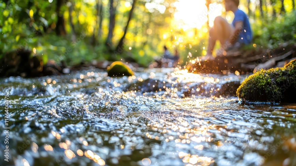 Fototapeta premium Serene Stream with Sunlight Reflection and People Enjoying Nature in Warm Environment