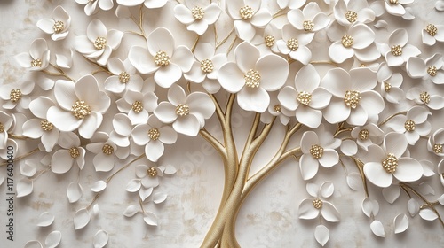 A stunning 3D wallpaper design featuring a floral tree with elegant white flowers and lush leaves, complemented by shimmering golden stems, perfect for a sophisticated interior wall home decor.