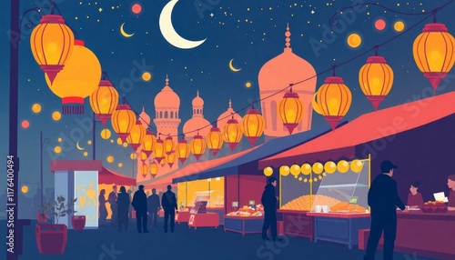 Wallpaper Mural Ramadan Food Festival - Lots of Lanterns Against the Background of Mosque and Crescent Moon Silhouettes. Food Night Market Torontodigital.ca