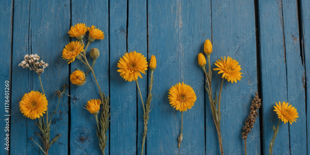 Obraz premium colorful an assortment of wildflowers on a rustic blue wooden background