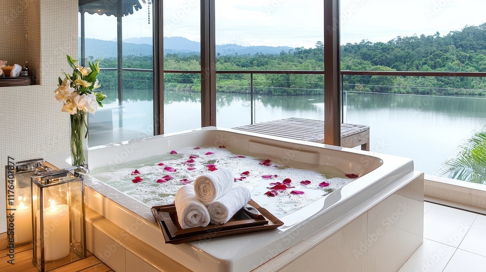 Obraz premium Luxurious spa room with hot tub overlooking serene lake and lush greenery in tranquil setting
