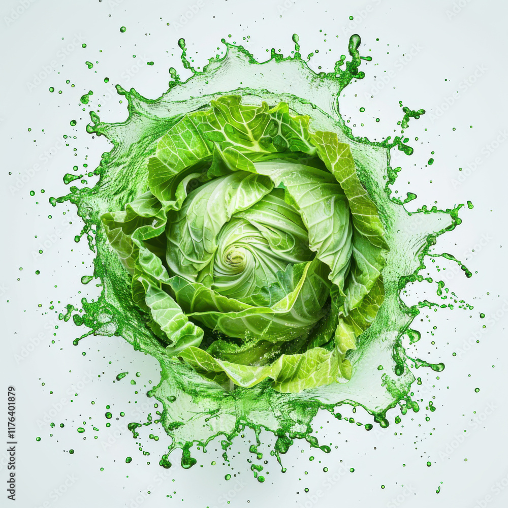 Fototapeta premium circular cabbage juice splash swirl, cabbage floating isolated white background
