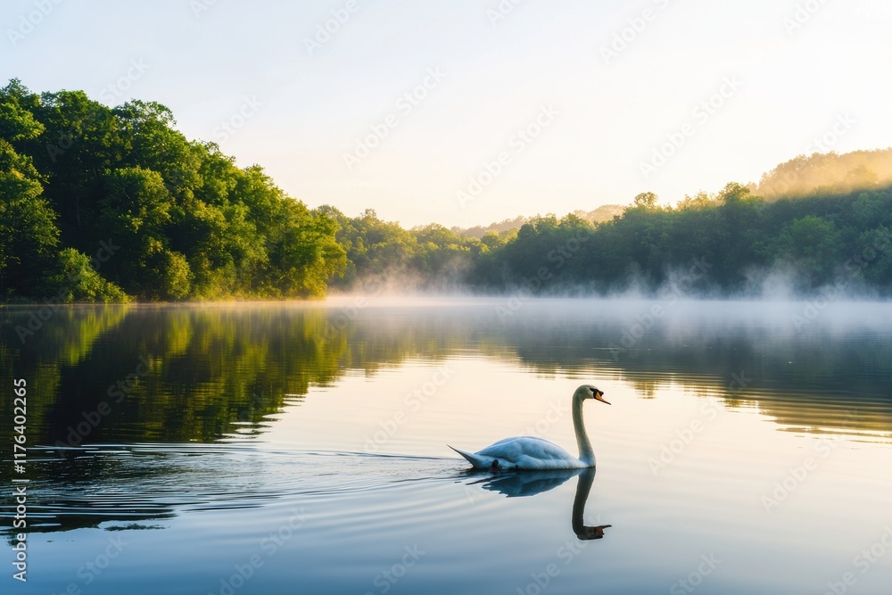 Fototapeta premium Serene Swan Gliding on Calm Lake with Morning Mist and Green Trees