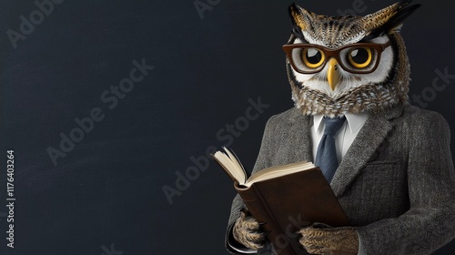 Owl teacher wearing glasses and blazer teaching a classroom of animal. Suitable for marketing or business purposes. Panoramic banner with place for text photo