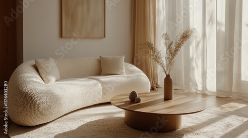 Minimalist, loft home interior design of modern serene and cozy living room with cream boucle sofa and minimalist circular coffee table. 