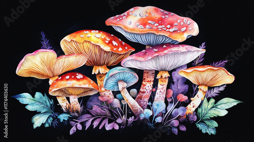 A vibrant collection of glowing mushrooms, abstract colorful fantastic background, detailed mushrooms in a vibrant forest. photo