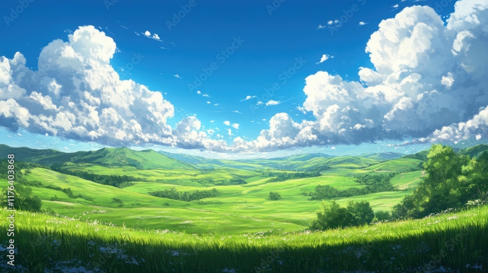 Obraz premium Expansive green meadows stretching over gentle hills, set against a bright blue sky with fluffy white clouds, forming a scenic panoramic view