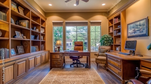 Wallpaper Mural A cozy home office with wooden furniture, bookshelves, and natural light. Torontodigital.ca