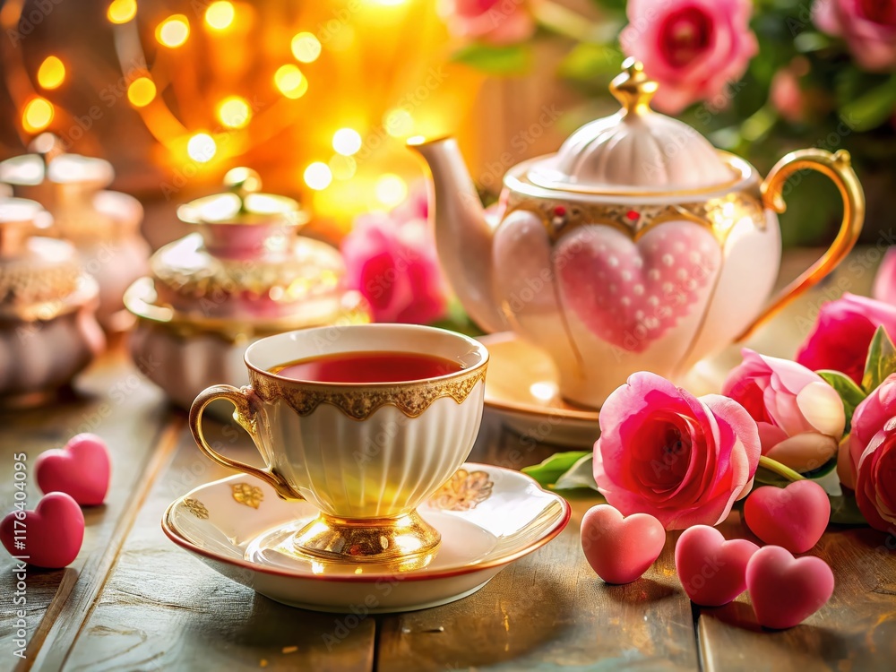 Fototapeta premium Valentine's Tea Party: Hearts, Teapot & Marzipan Sweets