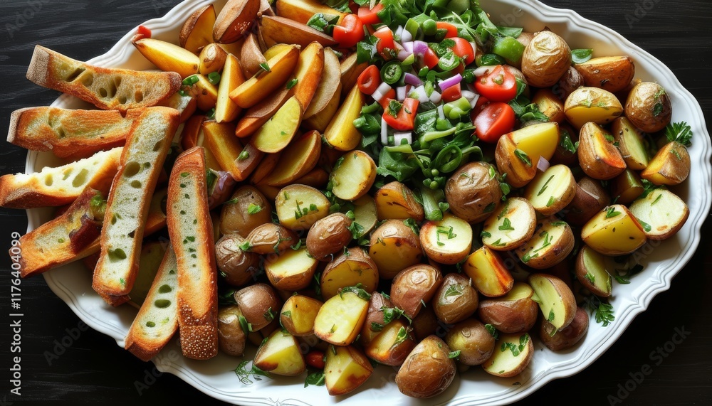 Delicious Loaded Potato Platter with Fresh Vegetables and Crispy Bread Slices Delicious Loaded Potato Platter with Fresh Vegetables and Crispy Bread Slices