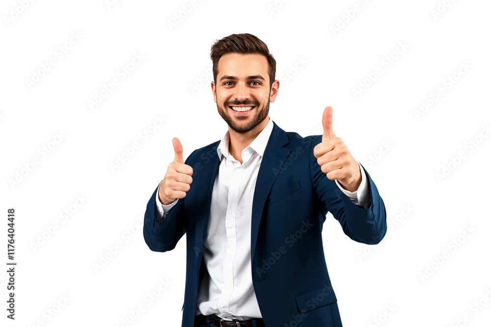 Happy businessman showing thumbs up, smiling nicely, isolated on transparent background Happy businessman showing thumbs up, smiling nicely, isolated on transparent background