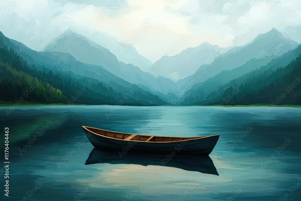 Serene Mountain Landscape with Calm Lake and Single Wooden Boat Serene Mountain Landscape with Calm Lake and Single Wooden Boat