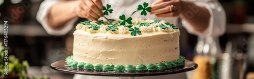 Delightful St  Patrick s Day themed cake adorned with vibrant green frosting and Irish shamrock to be served as a festive treat for a St  Patrick s Day party or photo