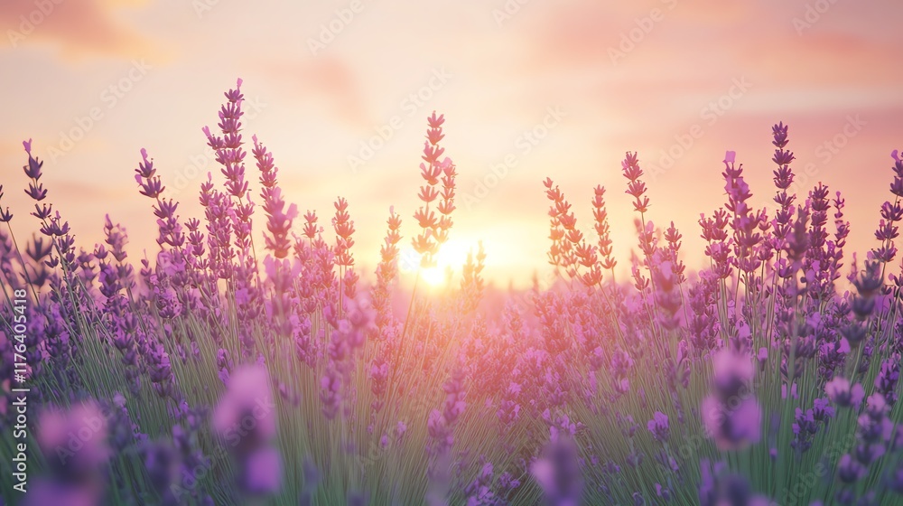 Obraz premium Lavender field at sunrise with soft sunlight and vibrant purple blooms stretching to the horizon.