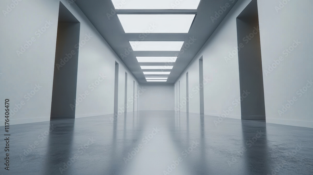 Fototapeta premium minimalistic empty white gallery room with smooth concrete floors and skylights. spacious design creates serene atmosphere, perfect for showcasing art