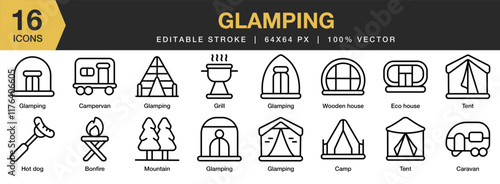 Glamping icon set. Editable Stroke Icon Collection. Includes Adventure, Beach, Camping, Glamping, Summer, Tent, Travel, and More. Outline icons vector collection.