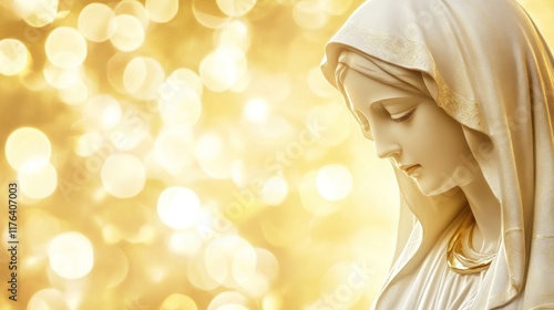 Graceful depiction of the Virgin Mary white statue, highlighted by a glowing golden bokeh background for spiritual banners and designs photo