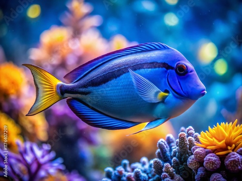 Vibrant Atlantic Blue Tang Fish Swimming in Aquarium - Long Exposure Stock Photo photo