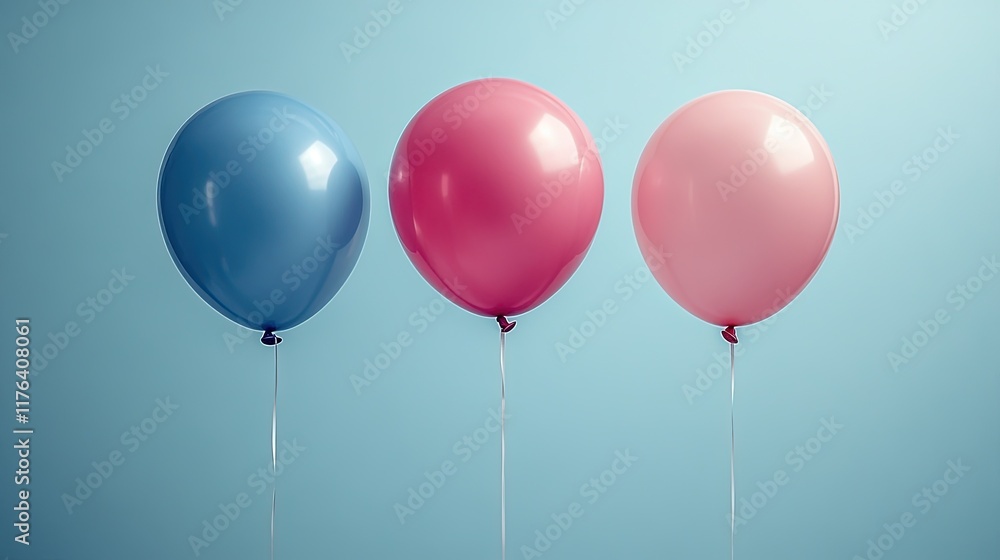 Three colorful balloons (blue and pink) against a light blue background, ideal for celebrations or parties.