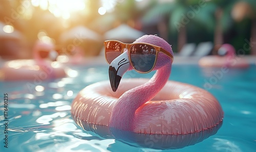 A playful flamingo with sunglasses floats in a pool, creating a fun and relaxing summer vibe.