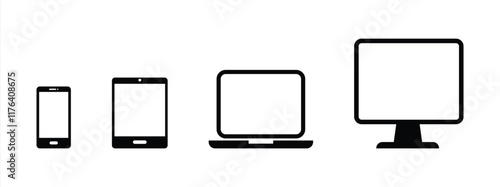 Set of icons of digital devices, computers, smartphones, tablets, PCs, smartphones, screens