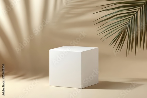 Wallpaper Mural White empty cube podium on a beige background with a palm leaf shadow. Mockup for product presentation, cosmetic advertising, or beauty promotion. Minimalist design.  Torontodigital.ca