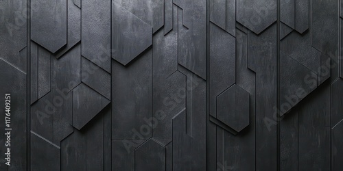 3D render, abstract black background with a hexagonal pattern for design and texture. Dark gray wallpaper with geometric elements for wall decoration in a modern style. Background of a dark color