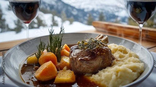 Gourmet lamb chop dinner with mashed potatoes, roasted vegetables, and red wine, scenic mountain view.