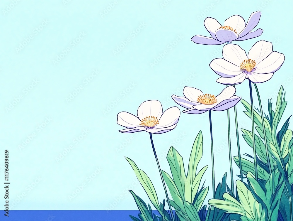 Naklejka premium Delicate White Flowers Bloom Gently Near a Calm Ocean: Softly Illustrated Botanical Art. AI Generated