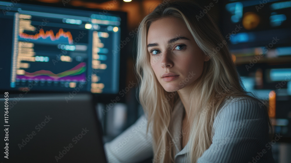 focused woman working on laptop in modern office, surrounded by data charts and graphs. atmosphere is professional and tech savvy, highlighting her concentration and expertise focused woman working on laptop in modern office, surrounded by data charts and graphs. atmosphere is professional and tech savvy, highlighting her concentration and expertise