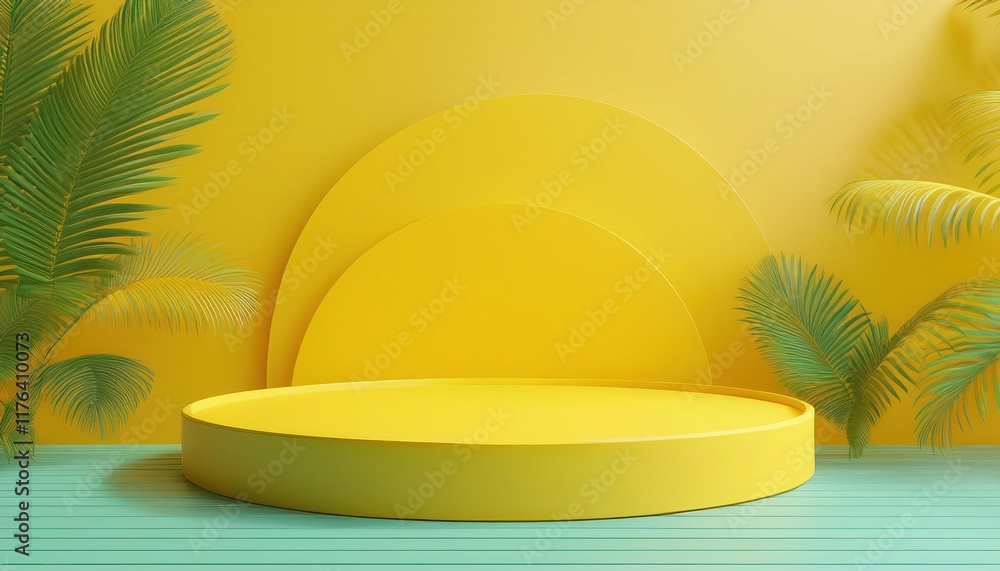 Fototapeta premium Yellow Podium, Palm Leaves, Summer Mockup - Minimalism