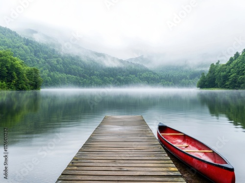 Serene Lake Landscape with Pier and Red Canoe Under Misty Mountains