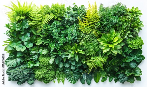 A vibrant arrangement of various green plants showcasing diverse foliage and textures.