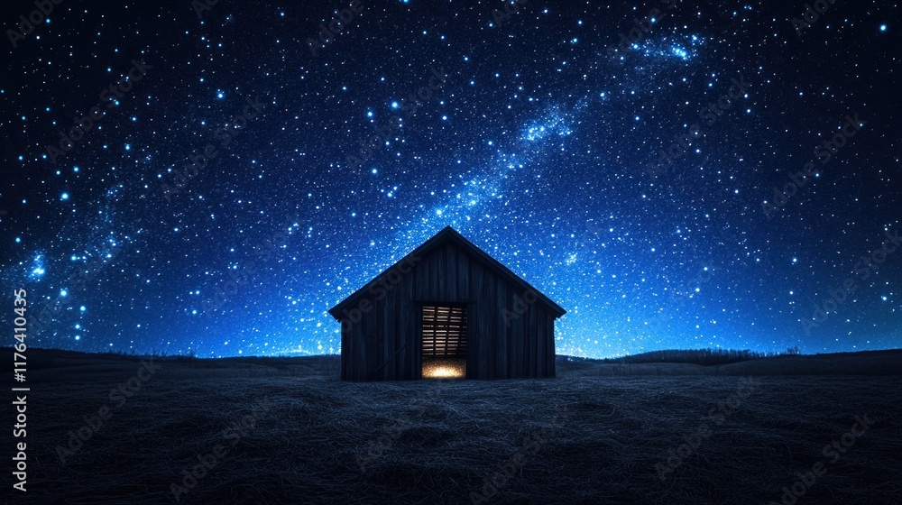 Jesus Christ birth concept featuring a rustic wooden stable under a radiant dark blue starry sky, with a glowing interior and space for text Jesus Christ birth concept featuring a rustic wooden stable under a radiant dark blue starry sky, with a glowing interior and space for text