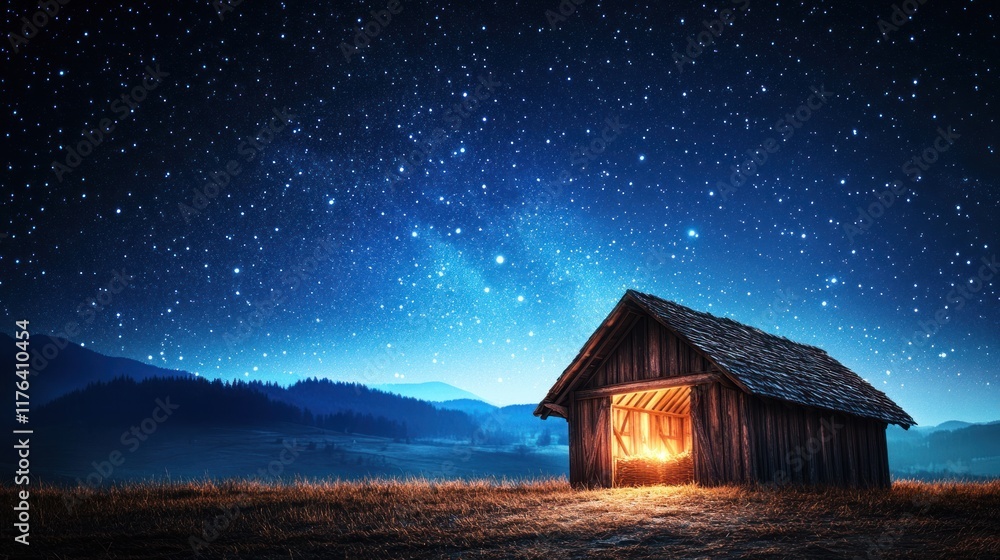 Jesus Christ birth concept featuring a rustic wooden stable under a radiant dark blue starry sky, with a glowing interior and space for text Jesus Christ birth concept featuring a rustic wooden stable under a radiant dark blue starry sky, with a glowing interior and space for text