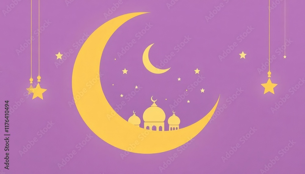 Fototapeta premium Ramadan greeting card with mosque silhouette and crescent moon. Ramadan kareem Space Text. Eid. Islamic design with ornament islamic.
