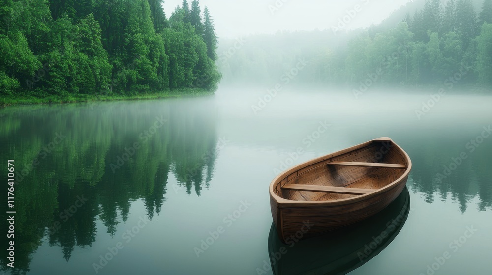 Tranquil Wooden Boat on Calm Misty Lake Surrounded by Lush Forest Tranquil Wooden Boat on Calm Misty Lake Surrounded by Lush Forest