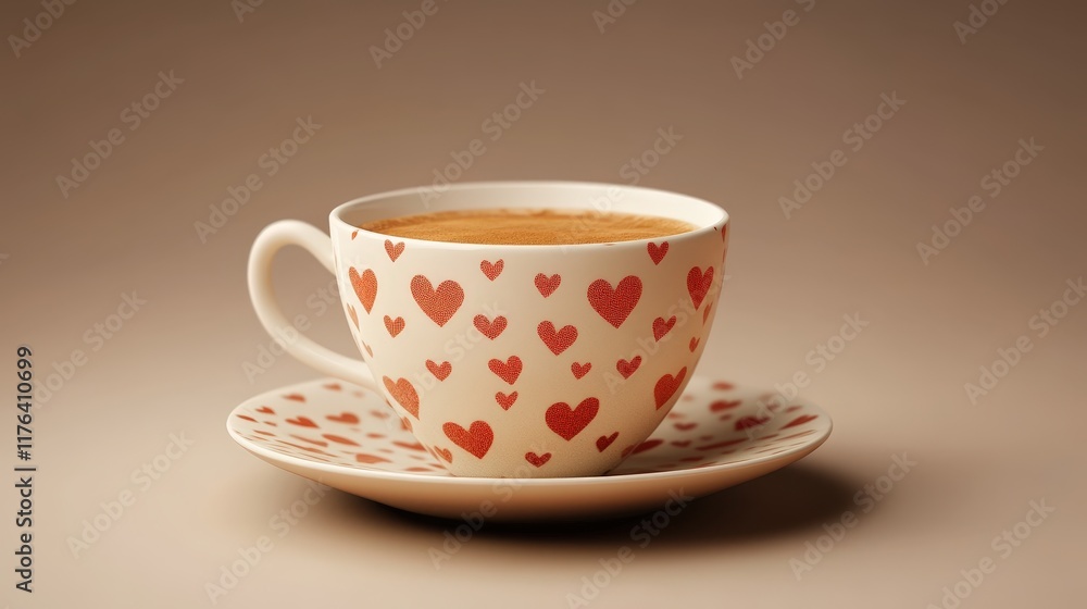 Fototapeta premium Charming Coffee Cup with Heart Pattern on Plate Perfect for Valentine's Day Celebration and Romantic Moments in Soft Light