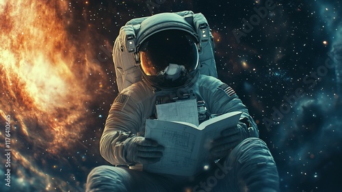 Astronaut reading a book in space against a nebula backdrop.