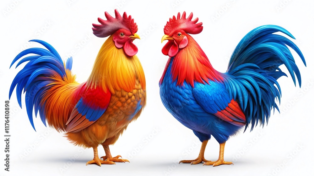 Fototapeta premium Vibrant Cartoon Roosters: Bold & Colorful Farm Animal Illustration
