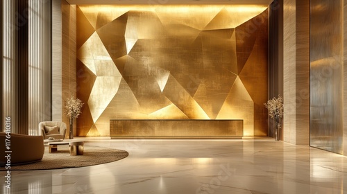 Wallpaper Mural Geometric gold wall with intricate triangular patterns and a matching gold floor, ideal for luxurious and modern interior design themes Torontodigital.ca
