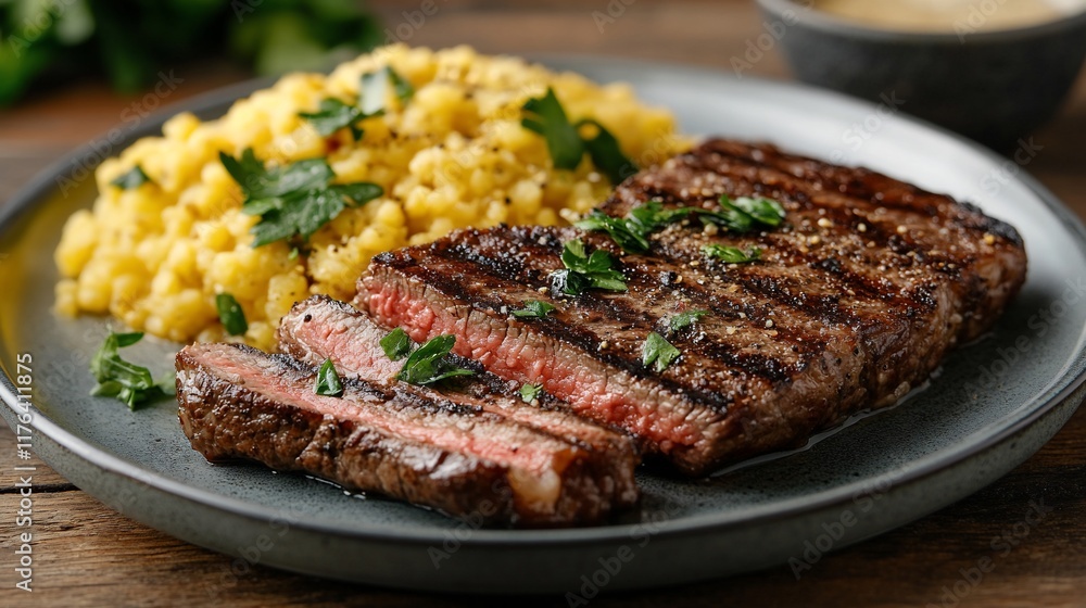 Grilled steak with creamy polenta. Grilled steak with creamy polenta.