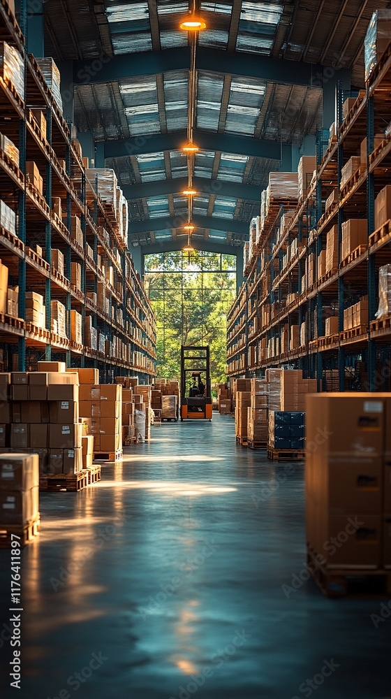 Naklejka premium A spacious warehouse filled with stacked boxes and a forklift, illuminated by natural light.