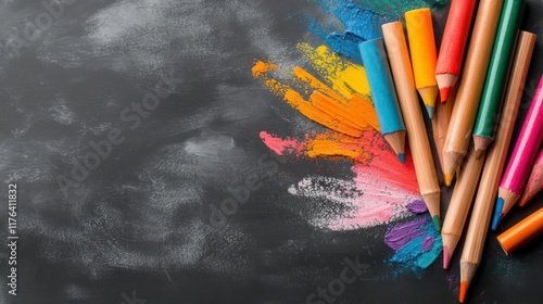 Vibrant colored pencils explode onto dark surface, creating a captivating artistic display of color and texture.