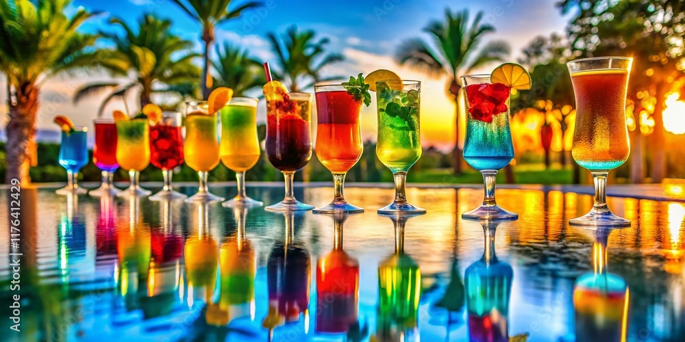 Fototapeta premium Vibrant Cocktails by the Pool: Long Exposure Photography