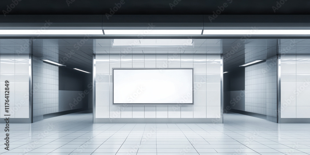 sleek, modern subway station featuring large blank billboard, ideal for advertising. clean, minimalist design enhances urban atmosphere sleek, modern subway station featuring large blank billboard, ideal for advertising. clean, minimalist design enhances urban atmosphere