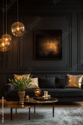 Wallpaper Mural Art deco style interior design of modern living room with black wall and golden decor pieces. --ar 2:3 --s 250 --style raw Torontodigital.ca