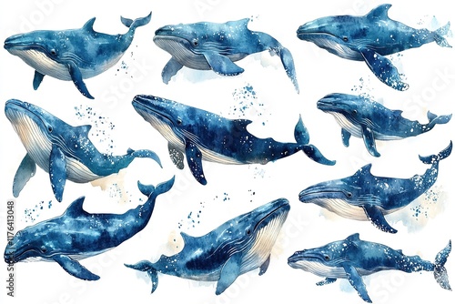 A collection of watercolor illustrations depicting various whales in different poses and angles.