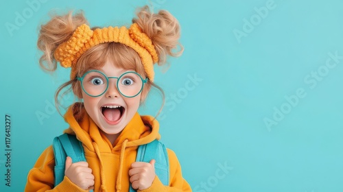 Backpack ready! A cheerful girl beams, radiating joy and excitement for a brand new school year!